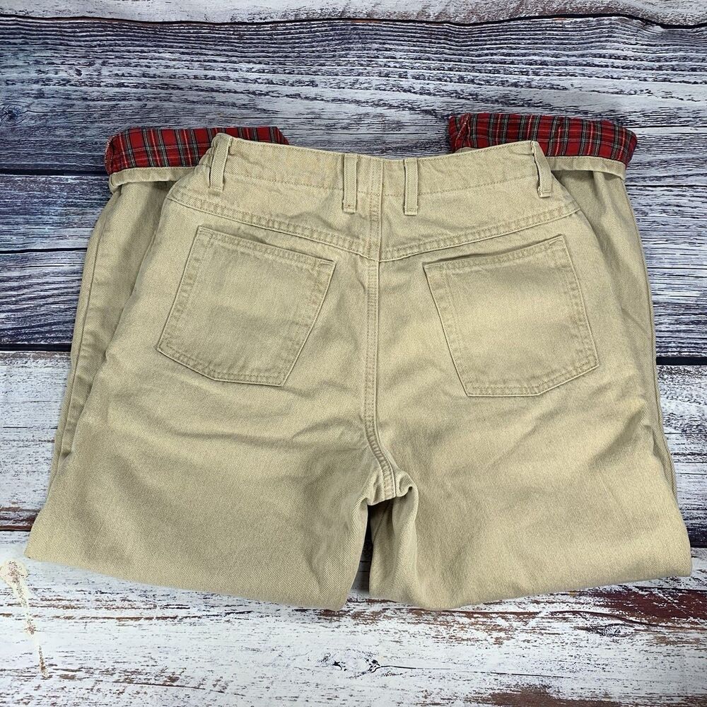 LL Bean Original Fit Relaxed Tan Jeans Red Plaid Lining Elastic Waist Size 8 Pet - Picture 4 of 6
